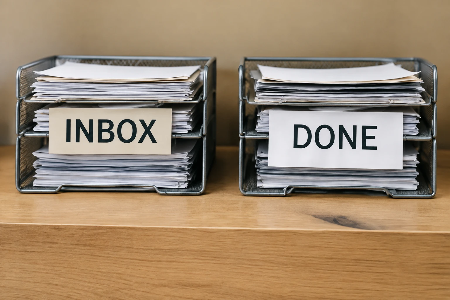 Bureaulades met de labels inbox en done